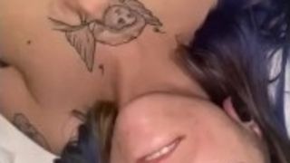 Tattooed girl gets cum all over her face